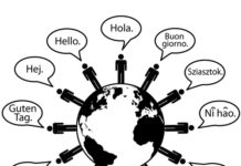 Global people say Hello World as symbols of language translation.