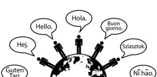 Global people say Hello World as symbols of language translation.