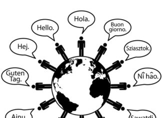 Global people say Hello World as symbols of language translation.