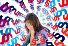 woman holding her face, letters around her