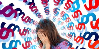 woman holding her face, letters around her