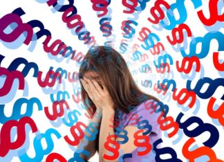 woman holding her face, letters around her